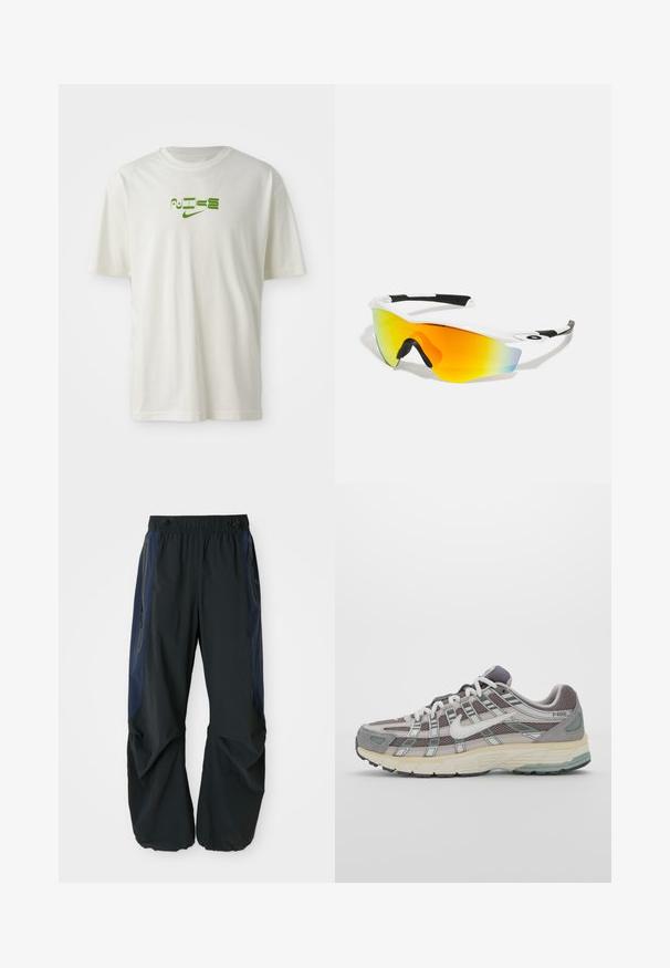 Bela bombažna majica s kratkimi rokavi, okroglim izrezom in zelenim grafičnim potiskom z besedo "NIKE" in logotipom. Gladka tekstura.; Črne zunanje hlače sproščenega kroja, z elastičnim pasom, mornarskimi stranskimi paneli in z zadrgo zaprtimi žepi na obeh straneh.; Sive športne čevlje z zgornjim delom iz mrežastega in semiš materiala, belimi akcenti, oblazinjenim podplatom ter edinstvenim dizajnom z odsevnimi elementi.; Bele športne sončna očala z ukrivljeno zasnovo, črnimi gumijastimi detajli in zrcalnimi oranžno-rumenimi lečami, ki prehajajo v modro.
