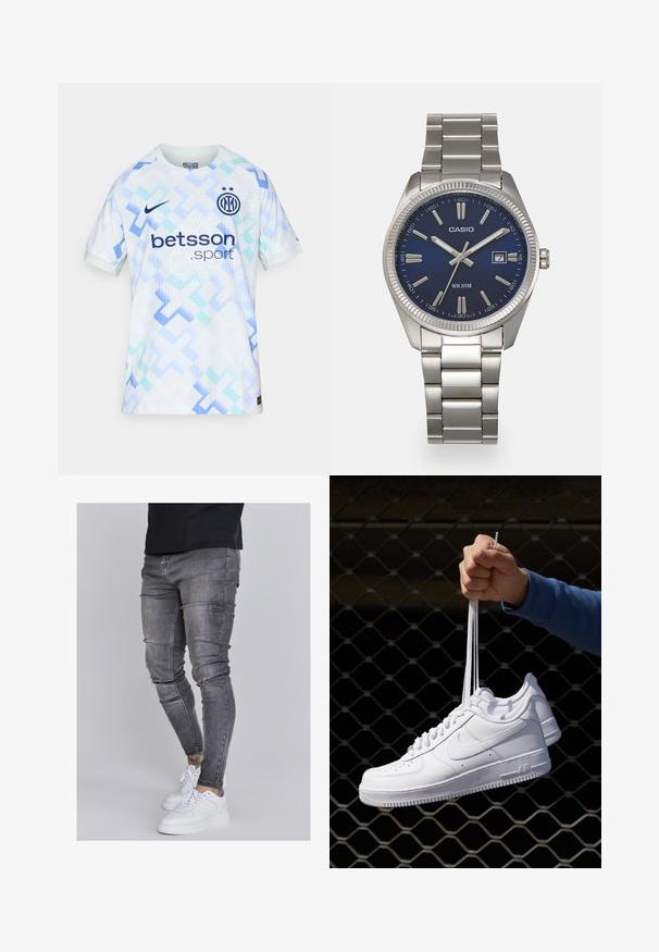 Maillot de football bleu clair et blanc avec des motifs géométriques, logo Nike, et "betsson.sport" imprimé sur le devant. Design à manches courtes.; Jeans skinny en denim gris délavé, présentant des détails déchirés au niveau des genoux, associés à des sneakers blanches. Texture lisse, design ajusté.; Baskets en cuir blanc avec perforations, à bout rond, semelle plate et lacets épais, arborant un logo swoosh visible et "AIR" sur le talon.; Montre-bracelet en acier inoxydable argenté avec un cadran bleu marine, des index métalliques et un affichage de la date à 3 heures. Résistante à l'eau jusqu'à 50 mètres.