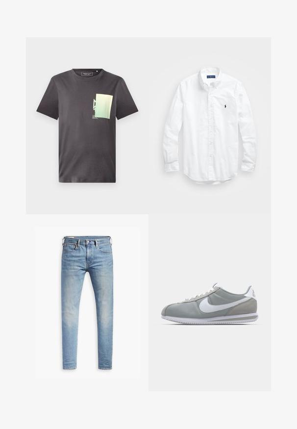 T-shirt cinza de algodão com decote redondo, apresentando uma impressão gráfica minimalista verde e azul na área do peito esquerdo. Mangas curtas.; Camisa de botões de manga longa branca em algodão. Apresenta um colarinho clássico, punhos com botão e um pequeno logótipo bordado em azul-marinho no peito.; Jeans slim fit em azul claro com leve desbotamento nas coxas, fecho frontal por botão, passantes para cinto e estilo de cinco bolsos sobre um fundo branco.; Sapatilha atlética cinza com um cabedal em camurça e têxtil, símbolo Nike branco e atacadores brancos. Apresenta uma sola de borracha texturizada e colarinho acolchoado.