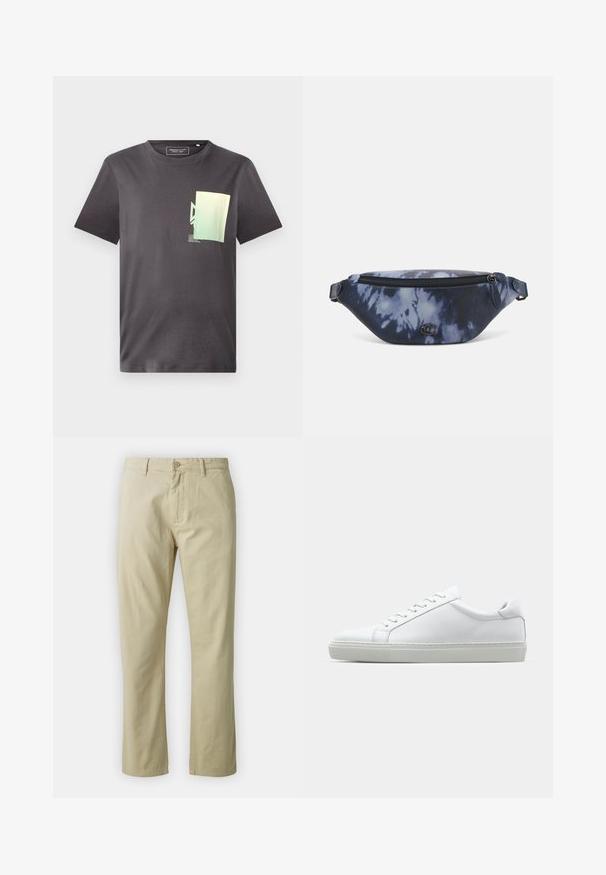 Szara bawełniana koszulka z okrągłym dekoltem, posiadająca minimalistyczny zielony i niebieski nadruk graficzny na lewej piersi. Krótkie rękawy.; Beżowe bawełniane spodnie o prostym kroju, z zapięciem na guzik z przodu i paskiem. Gładka tekstura, bez widocznych wzorów czy akcentów.; Białe sneakersy z gładką skórzaną cholewką i niskim profilem. Posiadają okrągły nos, sześć dziurek na sznurówki oraz teksturowaną gumową podeszwę.; Saszetka w ciemnoniebieski wzór tie-dye z zamkiem błyskawicznym na górze, teksturowany materiał i wyraźny detal z logo z przodu.