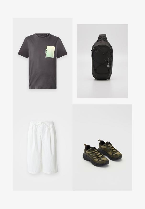 Camiseta de algodón gris con cuello redondo, que presenta un diseño gráfico minimalista en verde y azul en la parte izquierda del pecho. Mangas cortas.; Pantalones cortos blancos con una cinturilla elástica y cordones, exhibidos sobre un fondo claro y liso. Adecuados para usar en ocasiones informales o en clima cálido.; Zapatillas deportivas verdes y negras con una parte superior texturizada, paneles de malla, suela resistente y diseño de cordones con refuerzo en la puntera y el talón.; Mochila negra con un diseño aerodinámico, hecha de tejido duradero. Presenta un compartimento con cremallera, acentos de cordón elástico y detalle de logo.