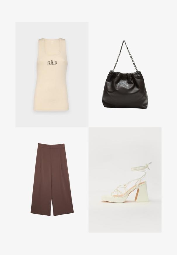 GAP - Top; Brązowe spodnie o szerokich nogawkach z gładką fakturą, z wysokim stanem i plisami z przodu. Materiał jest lekki i luźno opada.; Biała sandał na wysokim obcasie z masywnym słupkiem, z paskowym wzorem i wiązaniem przy kostce. Gładka faktura z platformą z przodu dla dodatkowej wysokości.; Brązowa skórzana torba z marszczonym szczytem i łańcuszkowym paskiem. Gładka tekstura z błyszczącym wykończeniem i subtelnymi detalami szwów po bokach.