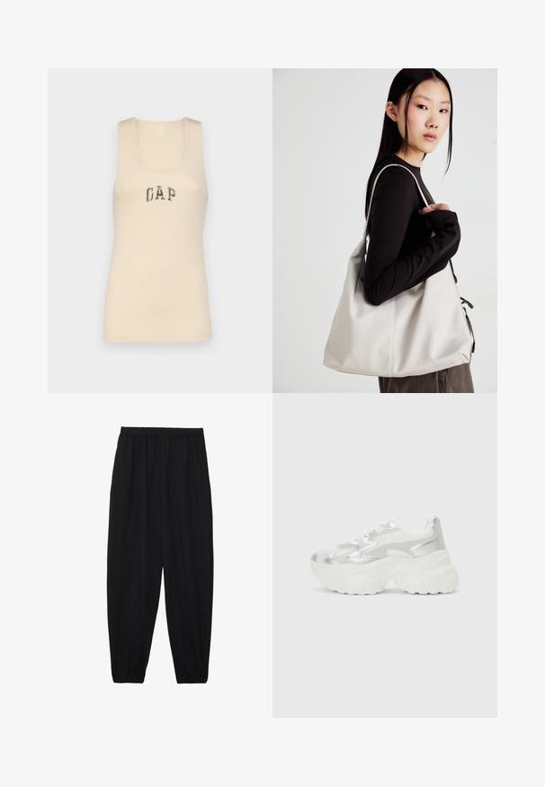 GAP TANK - Top - bedrock; Pantalones negros, ligeros, con cintura elástica y tobillos fruncidos. La tela es suave y presenta un diseño relajado y ajustado.; Zapatilla de plata con una parte superior de malla texturizada y acentos iridiscentes, que cuenta con una suela blanca gruesa y cierre de cordones.; Bolso de mano beige hecho de material suave, con un diseño holgado, detalles cosidos y dos asas. Adecuado para uso diario.