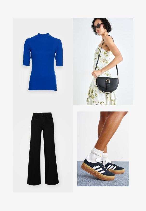 Slim-fit blue turtleneck top with short sleeves, made from ribbed fabric. Features a high neckline and subtle side slits.; Black wide-leg pants made of denim, featuring a structured waistband, belt loops, and front pockets. Smooth texture with a classic design.; Black suede sneakers with white stripes and accents, rounded toe, gum rubber outsole, paired with white ribbed crew socks.; Black leather handbag with a curved shape, detachable strap, and gold hardware. The bag features a flap with a buckle detail.