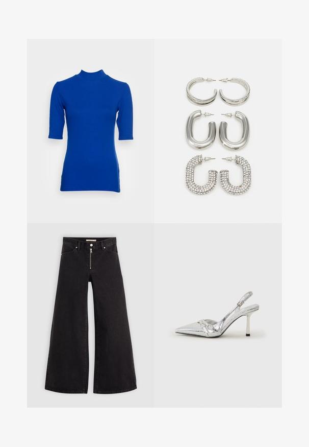 Tricou slim-fit de culoare albastră, cu guler înalt și mâneci scurte, realizat dintr-un material cu textură în zigzag. Prezintă o guleră înaltă și fante laterale subtile.; Jeans cu picioare largi din denim negru, cu fermoar în față, design cu cinci buzunare și detalii subtile de cusătură. Textură netedă și stil casual.; Pantofii cu toc înalt, argintii, cu vârf ascuțit, finisaj metallic, două curele decorative și un toc subțire cu vârful negru.; Patru perechi de cercei din argint: două modele elegante de cercei cerc, unul texturat și unul acoperit cu mici pietre strălucitoare transparente.