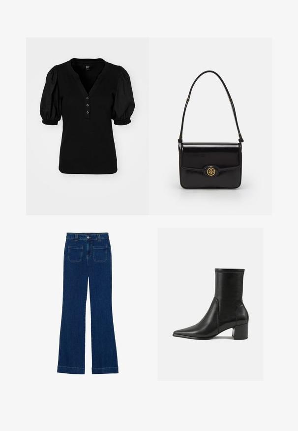 GAP HENLEY PUFF - Basic T-shirt - true black; Denim flared jeans in dark blue with a smooth texture, five-pocket design, and a button closure at the waist.; Black ankle boot made of smooth leather, featuring a pointed toe, a block heel, and distinct raised stitching at the top edge.; Black leather handbag with a rectangular shape, gold hardware, a front flap, and a circular logo accent. Features a single adjustable strap.