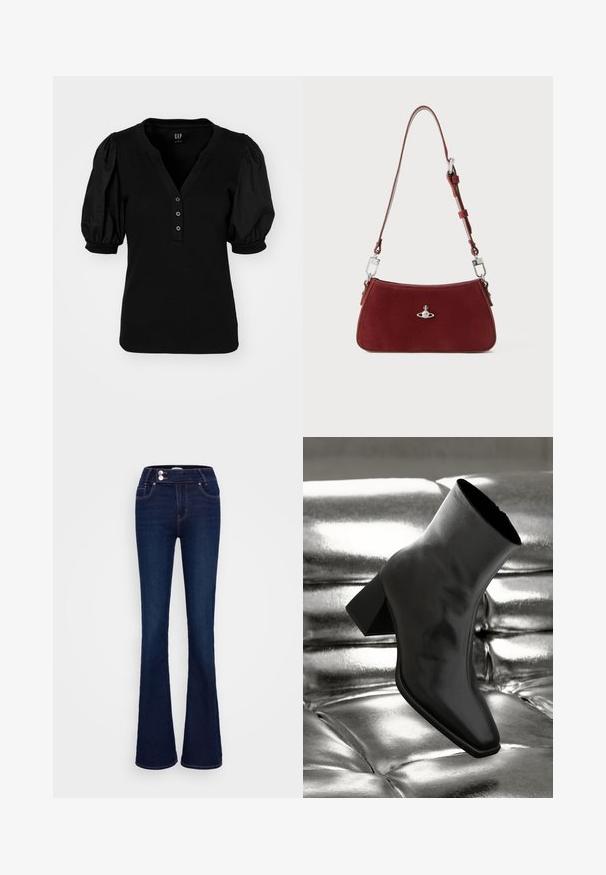 GAP HENLEY PUFF - Basic póló - true black; Sötétkék bővülő farmernadrág, magas derékkal, két elülső zsebbel és két gombos záródással. Finom textúrájú denim anyagból készült.; Fekete bokacsizma fényes anyagból, négyzetes orral és szűkített sarkú, egy csillogó ezüst kárpitozott háttér előtt.; Piros velúr válltáska ívelt formával. Ezüst tónusú kiegészítőkkel és állítható pánttal, hardver részletekkel. Simább felszíne van.