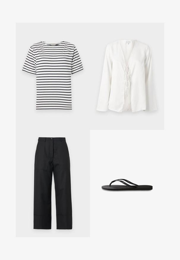 Hvit t-skjorte med horisontale marineblå striper, rund halslinning, korte ermer, og en liten logodetalj på venstre erme. Laget av bomull.; Hvit bluse med dyp V-hals, lange ermer og detalj med frontknute. Laget av et glatt, lett stoff med en avslappet passform.; Svarte vide bukser laget av glatt stoff. Har en knappåpning, frontlommer og rene linjer. Bunnen er noe utsvakt.; Svart flip-flop med teksturert gummisåle, to slanke stropper og en subtil, preget logo på stroppen.