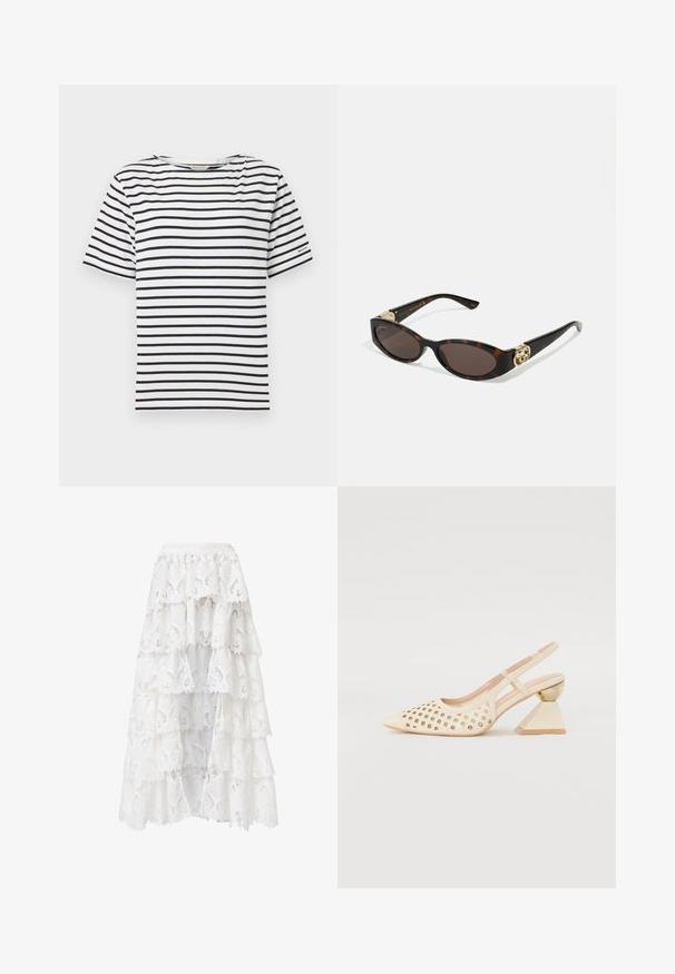 Valge T-särk horisontaalsete tumesiniste triipudega, ümmargune kaelus, lühikesed varrukad ja väike logo detail vasakul varrukal. Puuvillane materjal.; Hofmann Copenhagen EXCLUSIVE GENEVIVE - Topp - off white; Valge pitsseelik, millel on kihiline disain ja lainelised servad. Materjalil on lillemuster ja tekstuur, mis loob kihilise välimuse.; Beige slingback kingad perforatsiooni ülaosaga, terava ninaga ja kontrastse kolmnurkse kandaga, millel on kuldne aktsent. Üldine sile tekstuur.; Kilpkonnakilbi stiilis prillid piklik-ovaalsete läätsede, pruunika tooniga, kuldsete logo aktsentidega templitel ja elegantsed mustad varred.; Valge lilleline käekott, millel on volditud kangapind, kuldne ahelakott ja metallist klamber. Omab tekstureeritud kroonlehti, mis lisab detailidele sügavust.