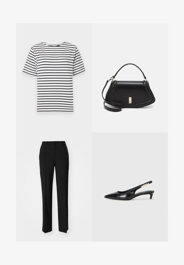 White t-shirt with horizontal navy stripes, round neckline, short sleeves, and a small logo detail on the left sleeve. Cotton material.; Black tailored trousers with a straight-leg design, featuring a smooth texture and crisp creases along the front. No visible hardware.; Black leather slingback heels with a pointed toe, featuring a slim heel and a gold-tone accent on the adjustable strap. Smooth texture.; Black leather handbag with a structured design, featuring a cropped shape, top handle, and gold hardware accent. Adjustable shoulder strap included.