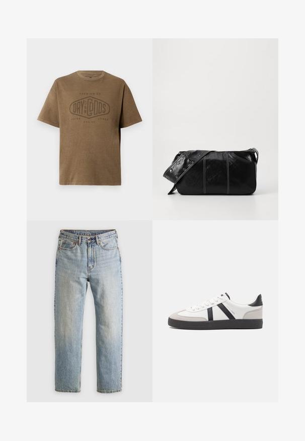 Brun kortermet T-skjorte med rund hals og falmet logo-tekst "Premium Co. Dry On My Gods Jack & Jones Est. 90" trykket på forsiden.; Lys blå denim jeans med høy midje, frontknapp, glidelås og fem-lommers design, lagt flatt på en nøytral bakgrunn.; Hvite sneakers med svarte og grå detaljer, med en teksturert grå tåhette, svart gummisåle, og flate hvite lisser. Rent design, minimalistisk stil.; Svart lær skulderveske med glidelås, med teksturert overflate, hvite sømmer og en stropp med sølvringer.