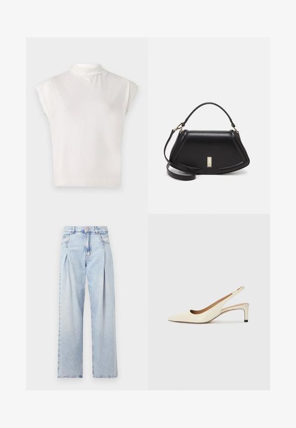 Valge ilma varrukateta kõrge kaelusega top, mis on valmistatud pehmest kangast, struktureeritud disainiga, sileda tekstuuri ja peene ribade ääristusega.; Heledad sinise denimist valmistatud teksapüksid kõrge vöökohaga, laia jala lõikega, kahe külje taskuga ja pleedi disainiga. Pehme tekstuur ja pleekinud viimistlus.; Kitsaste ninaga slingback-kingad heledast nahast, madala kontsaga ja lõikega disainiga, millel on sile tekstuur ja minimaalne aksessuaaride kasutus.; Must mustrist käekott, millel on struktureeritud disain, lühendatud kuju, ülemine käepide ja kuldne metallist detail. Reguleeritav õlalihm on kaasas.
