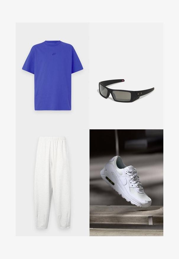 T-shirt de algodão roxa com decote redondo, mangas curtas e um pequeno logótipo preto da Nike no peito. Textura suave, corte descontraído.; Calças de treino cinza claro feitas de tecido macio, com um cós elástico, pernas ajustadas e punhos nos tornozelos. Design simples sem padrões.; Sapatilha Nike Air Max 90 branca com parte superior em malha e couro, caixa de dedos perfurada e uma unidade de ar visível no calcanhar.; Óculos de sol pretos com acabamento mate, lentes retangulares, leve curvatura nas hastes, detalhe sutil do logo e lentes de cor fumada.
