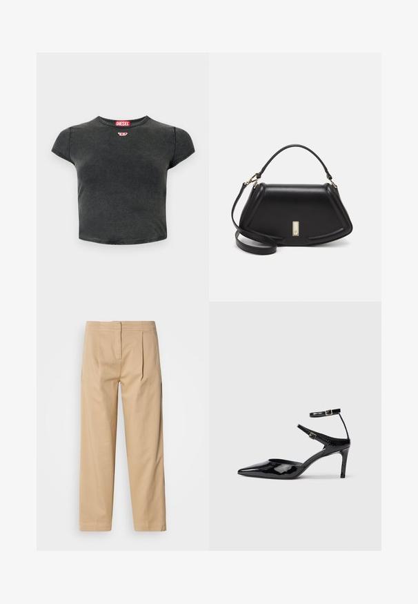 Svart, kort topp laget av bomull med rund hals og korte ermer. Har et lite rødt logo og en falmet tekstur.; Beige bomullsbukser med avslappet passform, med to frontplisser, rette ben og en klassisk knappelukking i midjen.; Sorte lakkede hæle med spids tå, justerbare ankelstropper og en slank hæl. Glat tekstur med en skinnende overflade.; Sort lærveske med en strukturert design, som har en avkortet form, topphåndtak og detaljer i gull. Justerbar skulderstropp inkludert.
