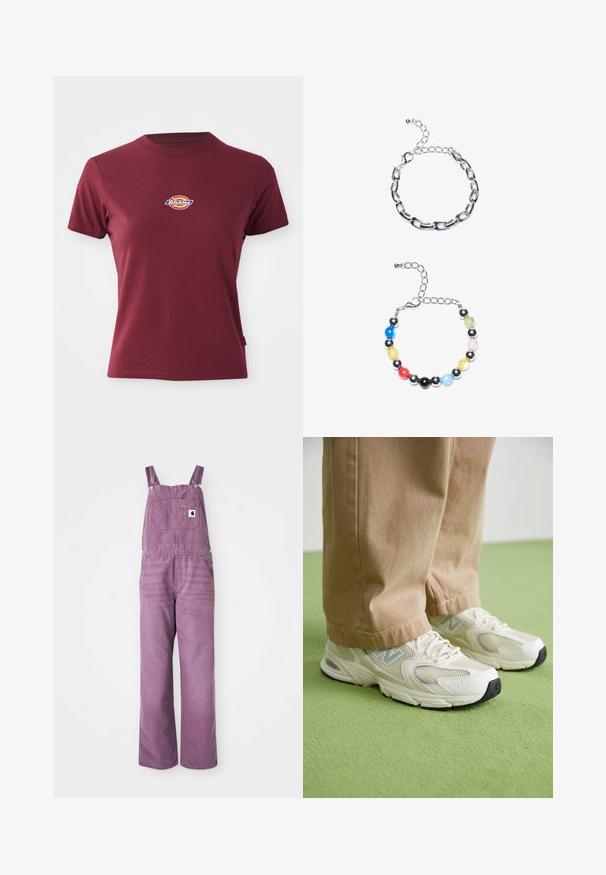 Bordoo lühikeste varrukatega T-särk, mis on valmistatud puuvillast, ümmarguse kaelusega ja väikese mitmevärvilise "Dickies" logoga rinna kohal.; Lilla denim ülepea püksid reguleeritavate rihmadega, eesmine tasku ja laiad sääred. Materjalil on kerge tekstuur; detailid hõbedased metallklipid.; Beez värvi võrgu ja sünteetilised jooksujalad valge tallaga, millel on nöörimise detail ja hall logo, rohelise tausta ees.; Hõbedane ketigael näidis, millel on pikendatud lingid üleval. Allpool on värvikas helmedest koosnev käevõru, milles on mustad, sinised, rohelised, kollased, punased ja selged helmeste.