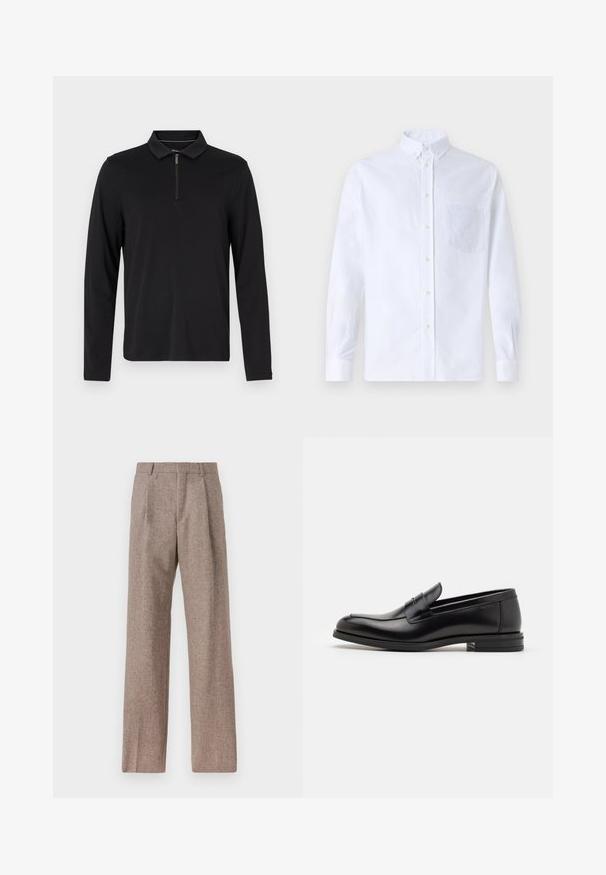 Černá polo košile s dlouhým rukávem a zipovým límečkem, vyrobená z měkké látky, s přiléhavým střihem a bez viditelných vzorů nebo akcentů.; Bílá dlouhá košile s knoflíky vyrobená z bavlny, která má náprsní kapsu s tónovanou výšivkou, límec a knoflíkové manžety.; Hnědé kalhoty s vysokým pasem vyrobené z texturované látky. Mají široké nohavice a dva přední sklady pro strukturu. Úhledné provedení bez viditelné kovových částí.; Černé kožené polobotky s hladkou texturou, zaoblenou špičkou a zdobným páskem přes nárt. Nízký stohovaný podpatek, minimalistický design.
