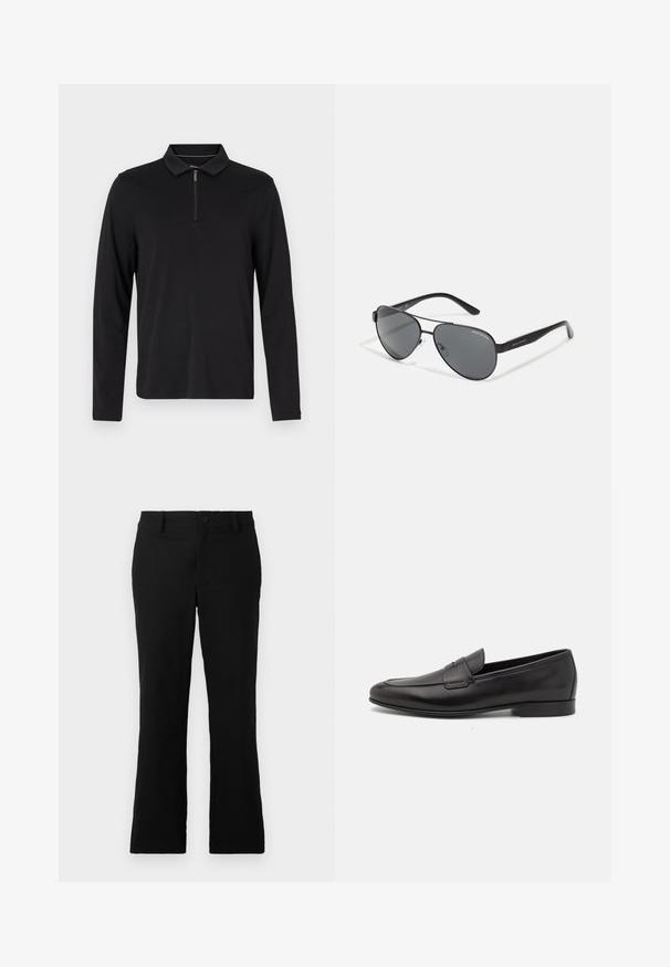 Zwarte langslavige polo met een ritssluiting bij de kraag, gemaakt van zachte stof, met een aansluitend ontwerp en zonder zichtbare patronen of accenten.; Zwarte uitlopende broek van een katoenmix, voorzien van een knoopsluiting, riemlussen en een gladde textuur zonder zichtbare patronen.; Zwarte leren herenloafers met een lage hak en een klassiek pennystrap-ontwerp, getoond in zijaanzicht op een witte achtergrond.; Zwarte piloten zonnebril met donkere glazen, dunne metalen frame en slanke plastic poten met logo-accenten.