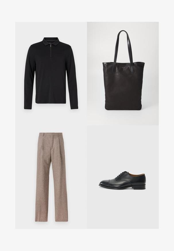 Musthave musta pikade varrukatega polo-särk, millel on lukk-krae, valmistatud pehmest kangast, kehakaarduv disain ja nähtavad mustrid või aksessuaare ei ole.; Prunnid, kõrge vöökohaga püksid, mis on valmistatud tekstureeritud kangast. Omavad laiu jalgu ja kahte eesmist voldikut struktuuri jaoks. Korralik viimistlus, ilma nähtava riistvarata.; Must have nahkkingak, sileda viimistluse, ümarate varvastega, viie silmaga paelte jaoks ja madala ploki kontsaga. Minimalistlik disain koos diskreetsete õmblustega.; Mustmust kott mustade nahkade käepidemetega. Lihtne disain, avar keha ja sile tekstuur. Pole nähtavaid logosid ega mustreid.