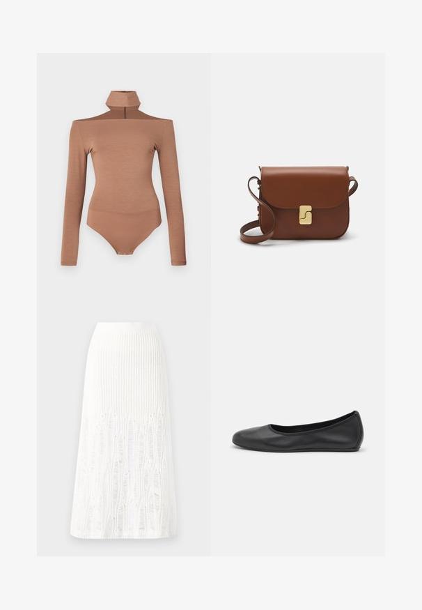 Brązowy body z długim rękawem i wysokim kołnierzem, z zamkiem błyskawicznym i dopasowanym krojem. Gładka struktura, oferująca bezszwową sylwetkę.; Dzianinowa biała spódnica midi z fakturowanym wzorem w pionowe linie oraz wycięciami przy dolnej krawędzi. Elastyczny pas. Miękki materiał.; Czarne skórzane baletki z zaokrąglonym noskiem, gładką fakturą, minimalnymi przeszyciami i elastycznym designem podeszwy.; Brązowa skórzana torebka na ramię z klapką, złotymi detalami, paskiem na ramię i gładką teksturą. Kompaktowy prostokątny kształt.