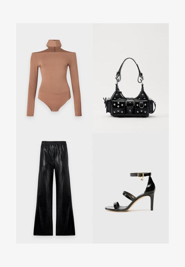 Body lungo marrone a maniche lunghe con colletto alto, caratterizzato da una chiusura con zip e un design aderente. Tessuto morbido, che offre una silhouette senza cuciture.; Pantaloni a gamba larga realizzati in un materiale nero lucido con una vita elastica. Il tessuto presenta una texture liscia e una leggera lucentezza.; Sandalo in pelle verniciata nera con tre cinturini, fibbia alla caviglia e tacco a stiletto di 10 cm. Presenta dettagli in hardware dorato e un charm con logo.; Borsa a mano in pelle nera con design curvo, caratterizzata da borchie argentate, una fibbia e due tasche laterali. Tracolla regolabile per diverse opzioni di trasporto.