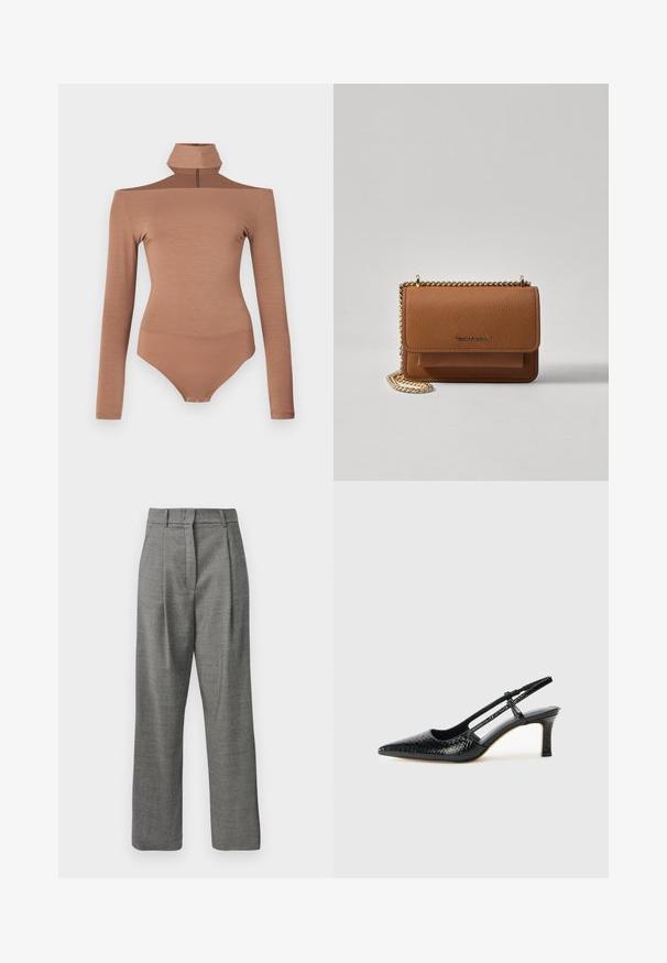 Brun langermet bodysuit med høy krage, med glidelås og en tettsittende design. Glatt tekstur som gir en sømløs silhuett.; Høyt liv grå bukser med liten rutemønster, frontfolder, beltehemper og rette ben på hvit bakgrunn.; Sorte patent slingback hæl med spids tå, featuring tekstureret slangeskind, justerbar rem og en kort, tekstureret blokhæl.; Brun teksturert lær crossover-veske med gullkjede-stropp og klaffelukking. Fronten har logo-detalj og en lomme under klaffen.