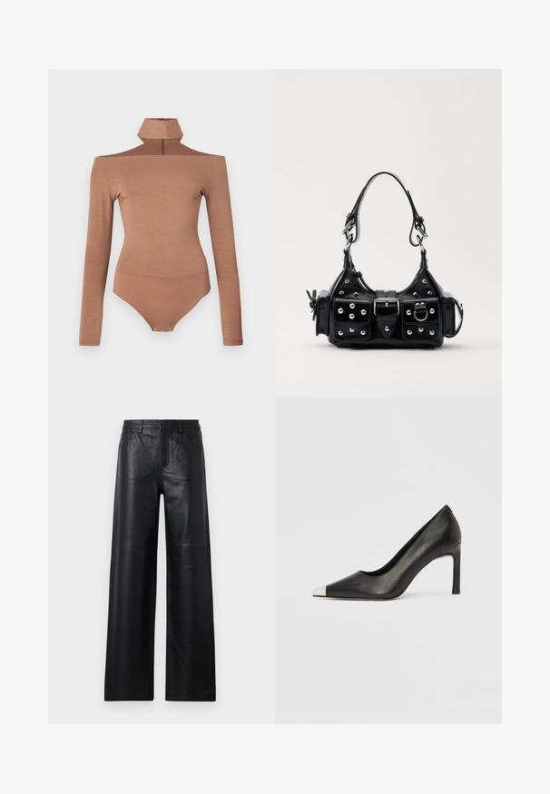 Brown long-sleeve bodysuit with a high collar, featuring a zip closure and a fitted design. Smooth texture, offering a seamless silhouette.; Wide-leg black leather pants with a smooth texture, featuring front pockets, a button closure, and subtle stitching details.; Black leather high heel shoe with a pointed toe and a metallic silver cap. Features a smooth finish and a slender 10 cm heel.; Black leather handbag with a curved design, featuring silver studs, a buckle, and two side pockets. Adjustable strap for carrying options.