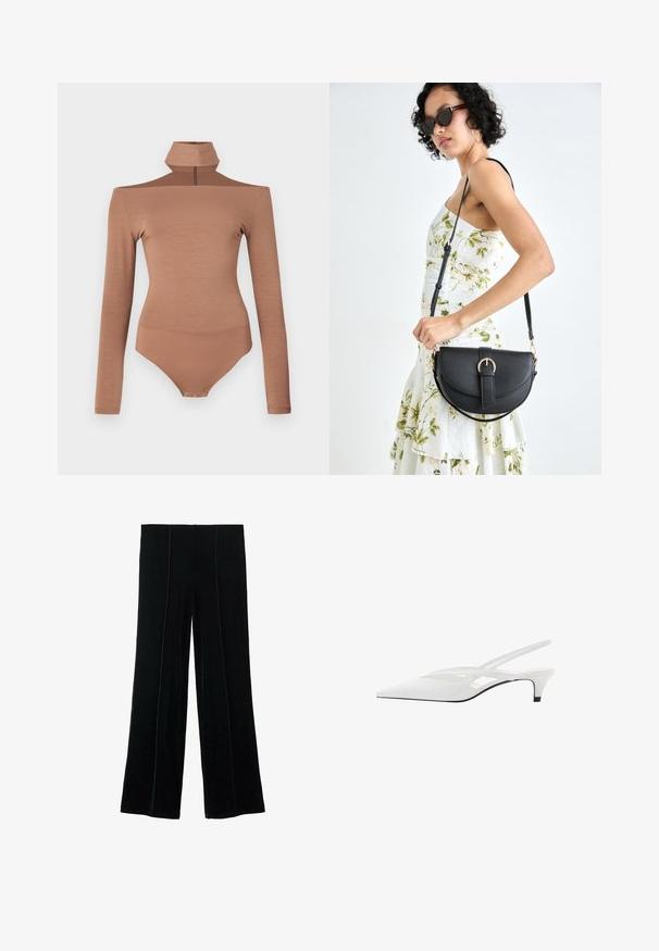 Body lungo marrone a maniche lunghe con colletto alto, caratterizzato da una chiusura con zip e un design aderente. Tessuto morbido, che offre una silhouette senza cuciture.; Pantaloni neri a vita alta e gamba larga realizzati in morbido velluto, con dettagli di cucitura verticale, texture liscia e senza chiusure visibili.; Décolleté bianco con punta affilata, caratterizzato da una tomaia liscia, sottili aperture e un tacco a blocco basso. La suola nera esalta il design.; Borsa a tracolla nera in pelle con una forma curva, manico rimovibile e accessori dorati. La borsa presenta una patta con un dettaglio a fibbia.