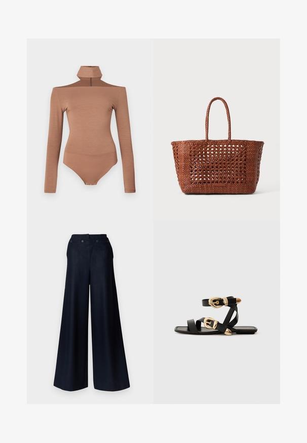 Rudas ilgomis rankovėmis bodis su aukštu apykaklė, turintis užtrauktuko uždarymą ir prigludusią išvaizdą. Sklandus tekstūra, užtikrinanti tolygų siluetą.; Platus kojų kelnes iš tamsiai mėlynos medžiagos, su aukšta juosmeniu, dviem priekiniais kišenėmis ir tvirtai suformuotais mygtukais stilingam pritaikymui.; Juodos odinės šlepetės su auksiniais sagtelėmis, turinčios daugybę dirželių ir plokščią padą, skirtos atviriems pirštams.; Audinė ruda totes krepšys su atviru raštu, stačiakampio formos ir dviem pintomis rankenomis. Turi tvirtą pagrindą, kad būtų paremta.