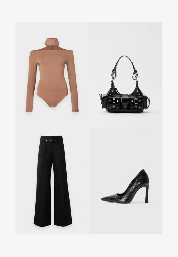 Ruskea pitkähihainen body, jossa on korkea kaulus, vetoketjusuljenta ja istuva muotoilu. Liukas pinta, joka tarjoaa saumattoman siluetin.; Mustat leveälahkeiset housut, joissa on korkea vyötärö, suuret sivutaskut, kaksi etunappia ja silmukkayksityiskohta. Valmistettu kestävästä kankaasta.; Musta kapea nilkkakorkokenkä krokotiilin nahkakuviolla, joka on varustettu tyylikkäällä muotoilulla, korkealla stiletto-korkealla ja sileällä mustalla sisäosalla.; Musta nahkainen käsilaukku, jossa on kaareva muotoilu, hopeiset niitit, solki ja kaksi sivutaskua. Säädettävä olkahihna erilaisiin kantovaihtoehtoihin.