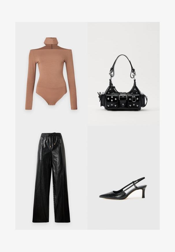 Brown long-sleeve bodysuit with a high collar, featuring a zip closure and a fitted design. Smooth texture, offering a seamless silhouette.; Black leather wide-leg pants with an elastic waistband, drawstring, and gold hardware accents. Smooth texture and loose fit.; Black patent slingback heel with a pointed toe, featuring textured snake print, adjustable strap, and a short, textured block heel.; Black leather handbag with a curved design, featuring silver studs, a buckle, and two side pockets. Adjustable strap for carrying options.
