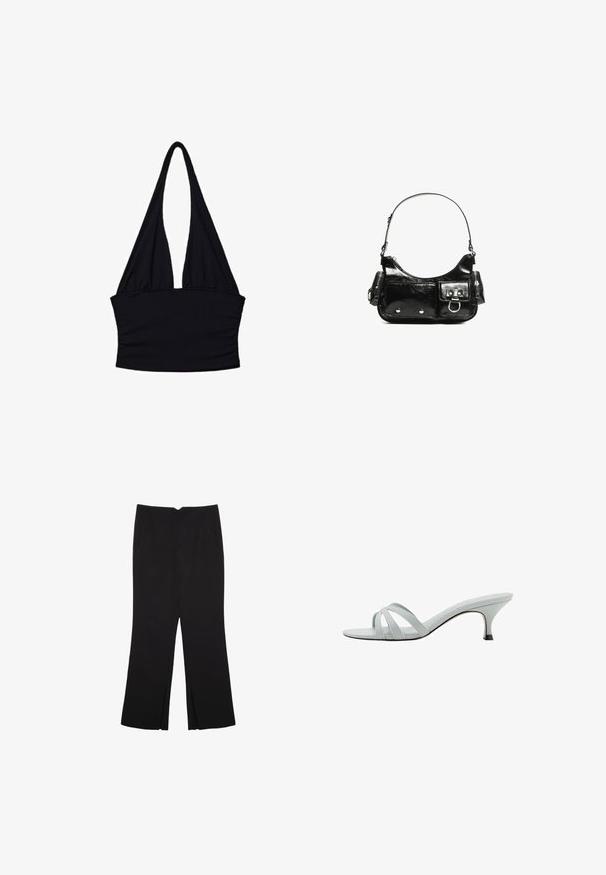 Musta halter-top pehmeästä kankaasta; syvän V-kaula-aukko ja rypytys yksityiskohtana vyötäröllä; olkaimettomat ja pitkät, virtaavat hihnat.; Mustat housut suoralinjaisella leikkauksella, joissa on etutaskut ja sivurei'ät helman alla. Valmistettu pehmeästä ja sileästä kankaasta. Sopii eri tilaisuuksiin.; Vaaleanharmaat korkokengät, joissa on kolme ristikkäistä hihnaa, hoikka profiili ja kapeat korot. Sujuva pinta, jossa on hieman kiiltävä viimeistely.; Mustekko mustasta kiiltonahasta valmistettu käsilaukku, jossa on kaareva muoto, yksi olkahihna, etutaskut ja hopeanväriset yksityiskohdat.