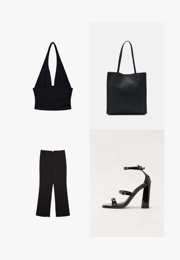 Schwarzes Halsbandoberteil aus weichem Stoff; verfügt über einen tiefen V-Ausschnitt und Raffungen an der Taille; ärmellos mit langen, fließenden Trägern.; Schwarze Hose mit geradem Schnitt, ausgestattet mit Fronttaschen und Seitenschlitzen am Saum. Hergestellt aus weichem, glattem Stoff. Geeignet für verschiedene Anlässe.; Schwarze patentierte Sandalen mit Absatz, quadratischer Spitze, Knöchelriemen und silbernen Schnallen. Mit einem stabilen Blockabsatz für mehr Stabilität.; Schwarze Laptoptasche aus Leder mit glatter Textur, rechteckiger Form und zwei langen Griffen. Keine sichtbaren Beschläge oder Verzierungen.