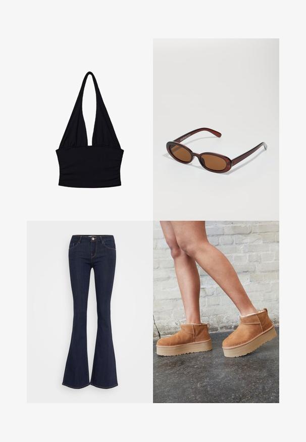 Černý top na ramínka vyrobený z měkké látky; má hluboký výstřih do V a nařasené detaily v pase; bez rukávů s dlouhými, volně visícími pásky.; Tmavé denímové zvonové džíny s přiléhavým pasem, s předním zapínáním na knoflík, pěti kapsami a švy podél nohavic.; Hnědé semišové kotníkové boty s měkkou podšívkou, silnou béžovou platformou a zadním poutkem. Texturovaný povrch s viditelnými švy.; Kulaté sluneční brýle hnědé barvy s lesklým burgundským rámem. Úzké nožičky s jemným logem. Rovné čočky.