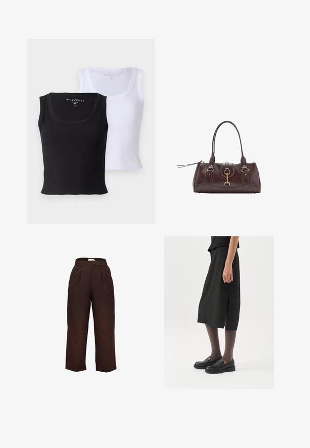Zwei Baumwoll-Tanktops, eines schwarz und eines weiß. Beide verfügen über eine gerippte Textur, weite Ausschnitte und eine enganliegende Form.; Hochtaillierte, dunkelbraune, weit geschnittene Hosen mit Gürtelschlaufen und vorderen Falten, vor einem weißen Hintergrund präsentiert.; Schwarzer knielanger Rock mit seitlichem Schlitz, kombiniert mit schwarzen Loafers und transparenten braunen Strumpfhosen, aus glattem Stoff und mit einem schlichten Design.; Dunkelbraune Lederhandtasche mit zwei oberen Griffen, goldenen Hardware-Akzenten, einem Frontverschluss und gesteppten Texturen an den Seiten.; Metallischer Silberanhänger mit einer strukturierten, organischen Form, die an einem schwarzen Band hängt. Verstellbare Länge mit kleinen silbernen Akzenten.