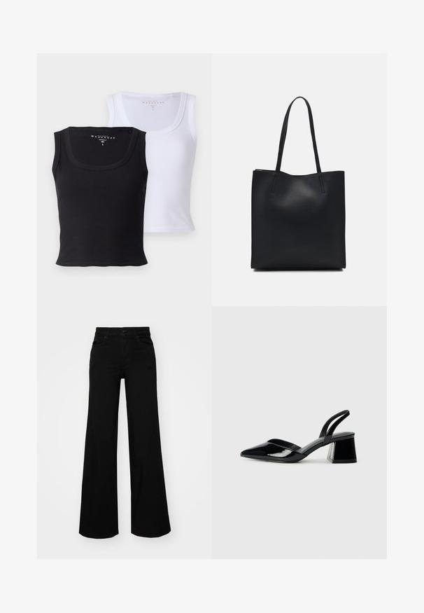 Deux débardeurs en coton, l'un noir et l'autre blanc. Les deux présentent une texture côtelée, des encolures larges et une coupe ajustée.; Pantalons large en denim noir, dotés d'une taille structurée, de passants de ceinture et de poches avant. Texture lisse avec un design classique.; Escarpins en cuir verni noir avec bout pointu et talon bloc géométrique. Présente un design élégant et minimaliste ainsi qu'une texture lisse.; Sac fourre-tout en cuir noir avec une texture lisse, de forme rectangulaire et deux longues poignées. Pas de matériel ou d'ornementations visibles.