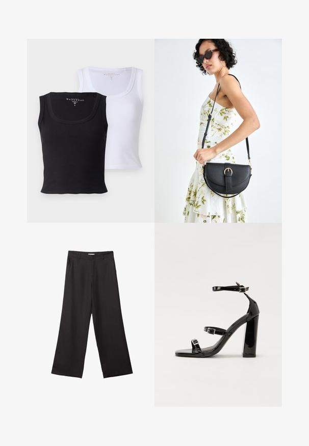 Two cotton tank tops, one black and one white. Both feature a ribbed texture, wide necklines, and a fitted shape.; Black wide-leg trousers made of smooth fabric, featuring a front zipper and two side pockets, with a tailored fit and minimalistic design.; Black patent heeled sandals with a square toe, ankle straps, and silver buckles. Features a chunky block heel for stability.; Black leather handbag with a curved shape, detachable strap, and gold hardware. The bag features a flap with a buckle detail.