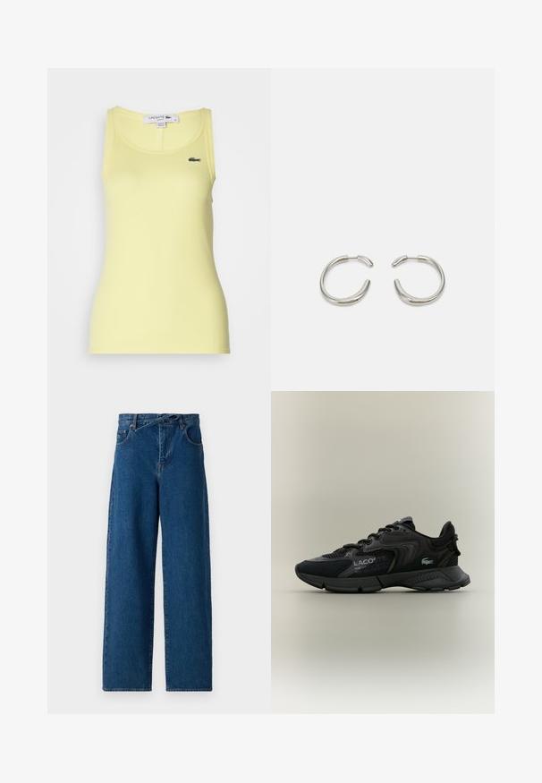 Dzeltena ribota bezmaka topiņš ar apaļu dekoltē un pieguļošu piegriezumu. Uz kreisās puses ir neliels izšūts Lacoste logo.; Platas kājas denim bikses tumši zilā krāsā. Augsta jostas dizains ar jostas cilpiņām un priekšējām kabatām. Gluda tekstūra un klasiskā piecu kabatu stils.; Melnas sporta čības ar sieta un sintētiskiem materiāliem, teksturētām akcentiem, auklu dizainu un izteiksmīgu logotipu sānos.; Sudraba riņķveida auskari ar gludu, noapaļotu dizainu un spīdīgu, pulētu apdari. Raksturīga minimālisma forma ar nelielu atvērumu.