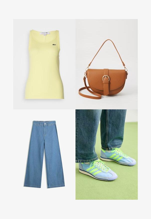 Geel geribde tanktop met een ronde halslijn en slim fit. Heeft een klein geborduurd Lacoste-logo aan de linkerkant.; Lichtblauwe wijde jeans van denim, met een knoopsluiting, riemlussen en subtiele stikseldetails.; Lichtblauwe sportieve schoenen met groene accenten, van suede en synthetisch materiaal, met drie strepen en een textuurzool. Gestyled met losse denim broeken.; Bruine leren schoudertas met een gebogen vorm, gouden hardware en een gespaccent. Bevat een afneembare schouderriem.