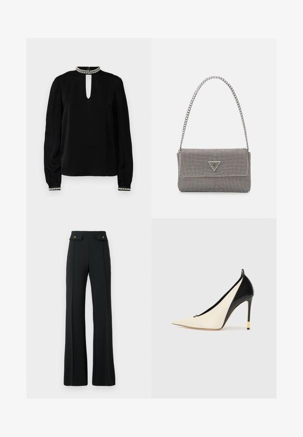 Mustast pikkade varrukatega pluus, millel on kõrge kaelus konksuga avaga, kaunistatud mansetid ja sile tekstuur. Rõhutatud dekoratiivse kaelusega.; Kõrge vöökohtadega mustad laiema säärega püksid, millel on esiseam ja kaks kuldse nupuga klapptaskut vöö kohal.; Nokaga ära kõrge kontsaga kingad, mis on valmistatud mustast lakknahast ja kreemjast nahast. Omab kuldse aktsendiga kontsi ja rikkalikku disaini.; Helehall metallik handbags, millel on kett, kaunistatud väikeste ümmarguste metallist õmblustega ja kolmnurkse brändi logoga.