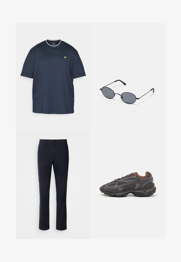 Lyle & Scott PLUS TIPPED - Navadna majica - dark navy/chalk; Mornarsko modre hlače iz gladkega blaga, z ravnim krojem, z zankami za pas in gumbom za zapiranje s svetlico.; Lacoste teniske v temno sivi barvi z mrežasto in sintetično prevleko, s teksturiranim podplatom in rjavimi detajli na ovratniku ter blagovni znamki.; Črne ovalne sončna očala s temnimi lečami in tankimi kovinskimi okvirji. Imajo vitke roke z diskretnim ukrivljenjem na koncih.