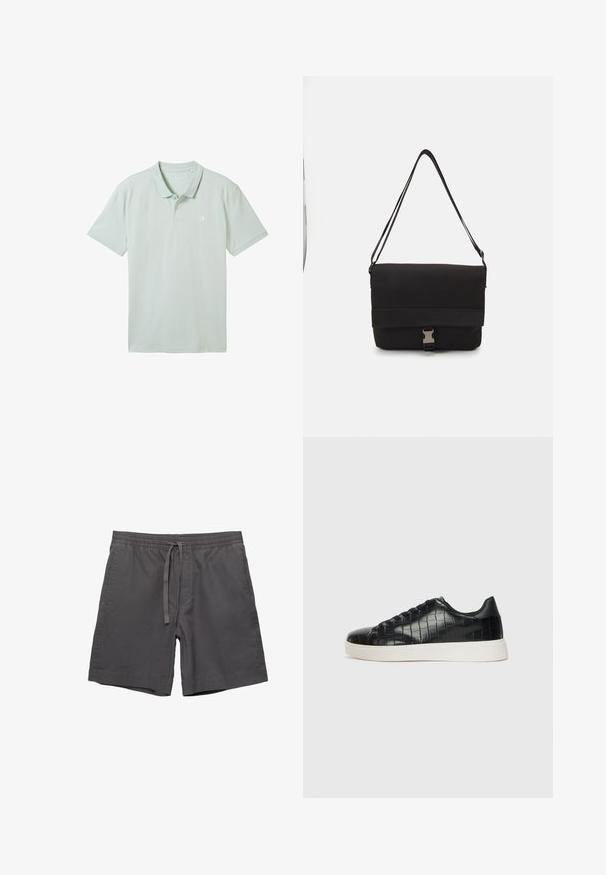 TOM TAILOR DENIM MIT LOGO - Polotričko - sea foam; Šedé bavlněné šortky s pružným pasem, nastavitelnou šňůrkou, bočními kapsami a uvolněným střihem. Hladká textura a délka ke kolenům.; Černé tenisky s texturovaným vrškem z kůže s embosovaným hadím vzorem, kulatou špičkou a kontrastní bílou gumovou podrážkou s hladkým povrchem.; Černá messenger taška vyrobená z hladkého materiálu, s překlopným víkem, stříbrnými sponkami a nastavitelným ramenním popruhem.