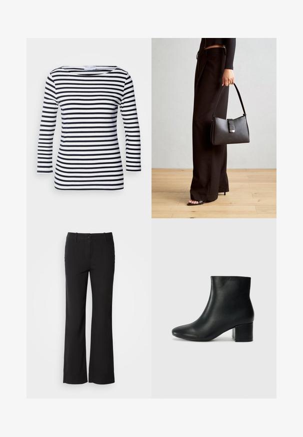 Marineblå og hvide stribede langærmede top med en bred halsudskæring og blødt, strækbart stof. Har jævne vandrette striber hele vejen igennem.; Sorte bomuldsblandede bukser med lige ben-design, frontknaplukning og to sidelommer. Glat tekstur, ingen synlige mønstre.; Sorte læder ankelstøvler med spids tå og en kraftig hæl. Glat tekstur med minimale detaljer og et slankt, tætsiddende design.; Sort håndtaske med struktureret form, glat overflade og metalspænde. Sammen med brede sorte bukser og sandaler med åben tå på trægulv.