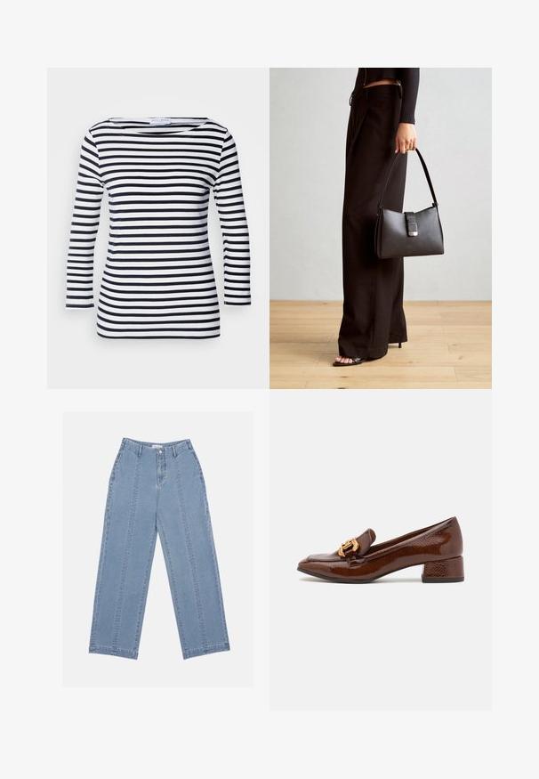 Marineblauwe en witte gestreepte langemouwen top met een brede halslijn en een zachte, rekbare stof. Heeft gelijkmatig horizontale strepen over het geheel.; Lichtblauwe wijde jeans van denim. Heeft een hoge taille, knoopsluiting en zichtbare stiksels. Geen zakken zichtbaar aan de voorkant.; Bruine leren loafers met een glanzende afwerking, met een decoratieve gouden gesp aan de voorkant en een lage blokhak. Klassiek ontwerp.; Zwarte handtas met gestructureerde vorm, gladde textuur en een metalen sluiting. Gecombineerd met brede zwarte broeken en sandalen met open teen op een houten vloer.