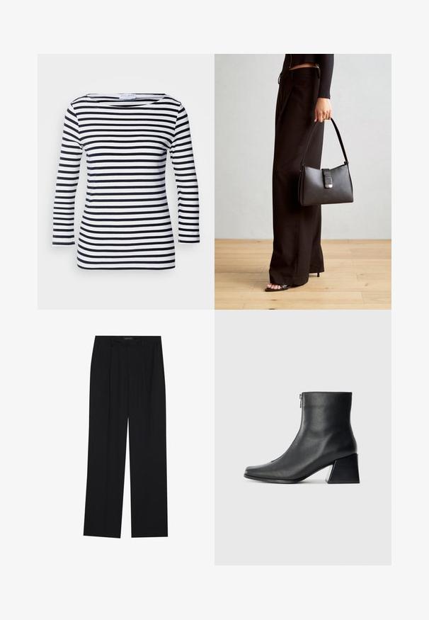 Langarmshirt mit navy- und weißen Streifen, weitem Ausschnitt und weichem, dehnbarem Stoff. Verfügt über gleichmäßige horizontale Streifen.; Schwarze Hose mit geradem Bein, ausgestattet mit zwei frontalen Taschen und einem Taillenbund. Hergestellt aus einem glatten, leichten Stoff.; Schwarze Lederstiefelette mit quadrater Zehenform, seitlichem Reißverschluss und Blockabsatz vor einem schlichten hellen Hintergrund.; Schwarze Handtasche mit strukturierter Form, glatter Textur und einem metallischen Verschluss. Kombiniert mit weiten schwarzen Hosen und offenen Sandalen auf einem Holzboden.