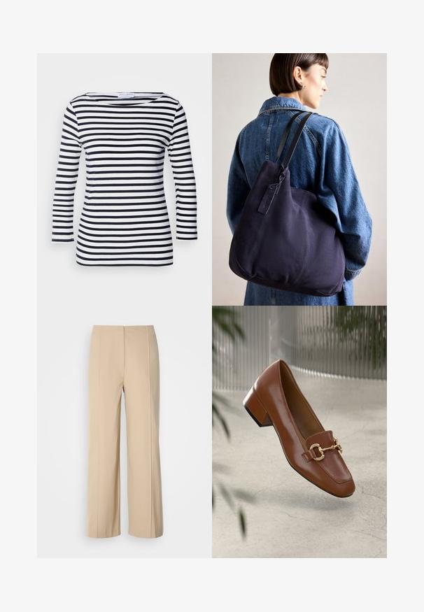 Navy and white striped long-sleeve top with a wide neckline and soft, stretchy fabric. Features even horizontal stripes throughout.; Beige wide-leg trousers made of structured fabric, featuring a minimalist design with pressed creases and a flat waistband.; Brown patent leather loafer with square toe, metallic chain accent, and low block heel; smooth texture, minimalist design.; Navy canvas shoulder bag with a soft, structured shape, featuring a black strap, stitched detailing, and a small brand tag.