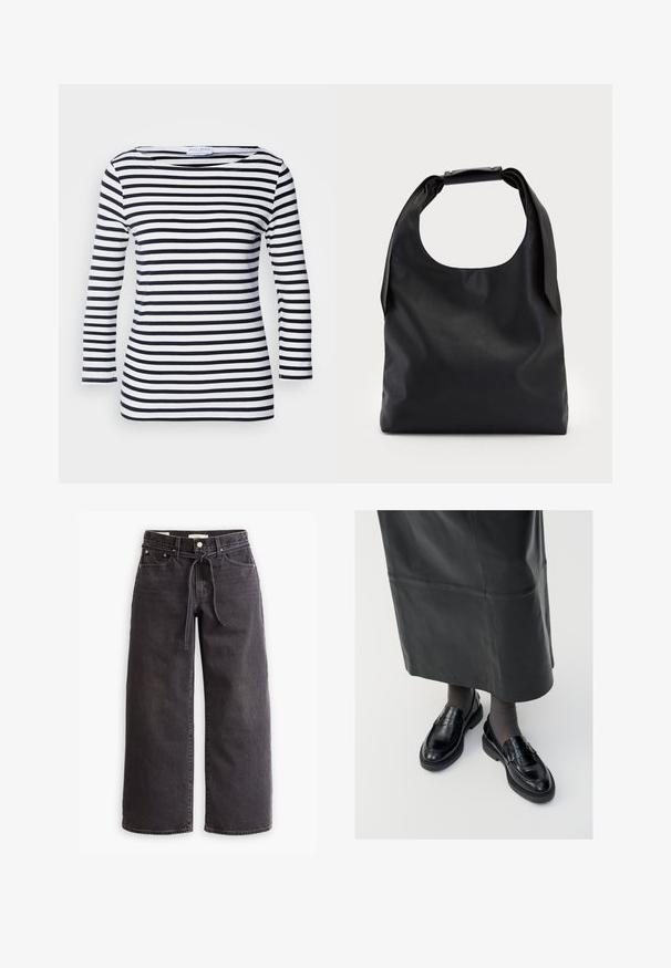 Marineblauwe en witte gestreepte langemouwen top met een brede halslijn en een zachte, rekbare stof. Heeft gelijkmatig horizontale strepen over het geheel.; Zwarte wijde denim jeans met een trekkoord in de taille, vijf zakken en contrasterende stiksels. Platte voorkant.; Zwarte leren loafers met een gladde afwerking, voorzien van een decoratieve band, ronde neus en gestructureerde zool. Draagt met een lange zwarte leren rok.; Zwarte leren hobo-tas met een enkele, zachte, afgeronde handgreep; heeft een gladde textuur en een minimalistisch ontwerp. Geen zichtbare hardware of accenten.; Gouden creolen met een textuur en onregelmatige vorm. Voorzien van een naadloze sluiting en een gepolijste afwerking, wat het moderne ontwerp benadrukt.