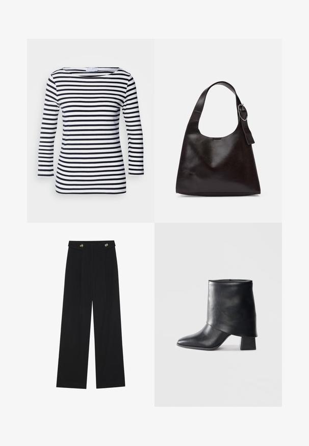 Jūras spēku un baltas svītraina gara piedurkne tops ar plašu dekoltē un mīkstu, elastīgu audumu. Iezīmējas ar vienādām horizontālām svītrām visā garumā.; Melnas platās bikses ar augstu jostasvietu, pogu detaļām uz jostas un priekšējām krokām.; Melnas ādas potītes zābaki ar norādītu purngalu, gludu tekstūru un strukturētu blokveida papēdi. Iezīmē augstu, salocītu apkakles dizainu.; Brūns ādas plecu soma ar gludu tekstūru, noapaļu formu, platu jostu un apaļu metāla akcentu uz roktura.