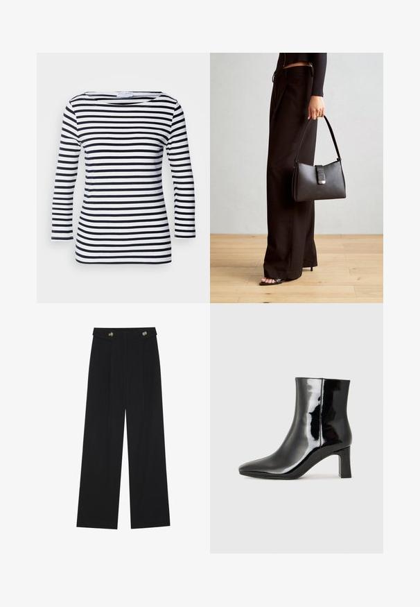 Mornarsko modra in bela prugasta majica z dolgimi rokavi, širokim izrezom in mehkim, raztegljivim materialom. Ima enakomerne vodoravne pruge po celotni površini.; Črne široke hlače s visokim pasom, gumbnimi detajli na pasu in sprednjimi gubami.; Črne lakirane gležnjarje z ošiljenim nosom in srednje visokim blokastim peto. Gladka tekstura in minimalističen dizajn.; Črna torbica z strukturirano obliko, gladko teksturo in kovinskim zaponko. Ujemajo se z širokimi črnimi hlačami in odprtimi sandali na lesenem tleh.