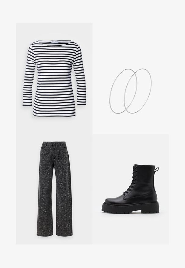 Marinblå och vit randig långärmad topp med vid halsringning och mjukt, elastiskt tyg. Har jämna horisontella ränder över hela.; Noisy May NMJANNEL LOOSE - Jeans relaxed fit - black denim; Svarta läderankelboots med rund tå, snörning framtill och en tjock gummisula med strukturerat mönster. Dragflik bak.; Silverfärgade hoopörhängen med en minimalistisk design. Cirkulär form, slät yta och tunn profil. Lätta med en polerad finish.
