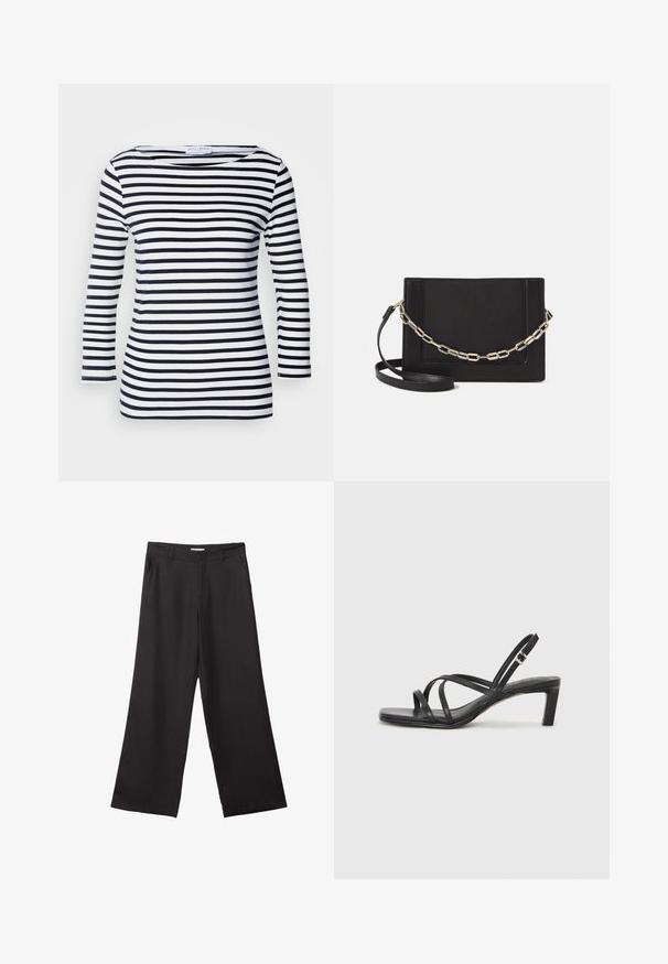 Duga majica s dugim rukavima u mornarskoj plavoj i bijeloj prugastoj kombinaciji s širokim izrezom i mekim, rastezljivim materijalom. Ima ravnomjerne horizontalne pruge po cijeloj dužini.; Crne hlače širokog kroja izrađene od glatkog materijala, s prednjim patentnim zatvaračem i dva bočna džepa, s prilagođenim fitom i minimalističkim dizajnom.; Crne sandale s trakama, kvadratnim prstom i niskom blok petom. Ima više tankih trakica i podesivu trakicu oko gležnja. Izrađene su od glatke kože.; Crna kožna torba preko tijela s glatkom teksturom, pravokutnim oblikom i metalnim lancem na prednjoj strani. Uključena je podesiva naramenica.